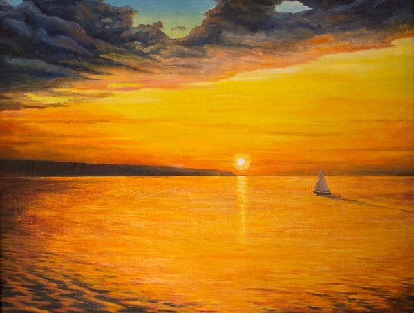 Oil painting on canvas - Yacht in the Sunset